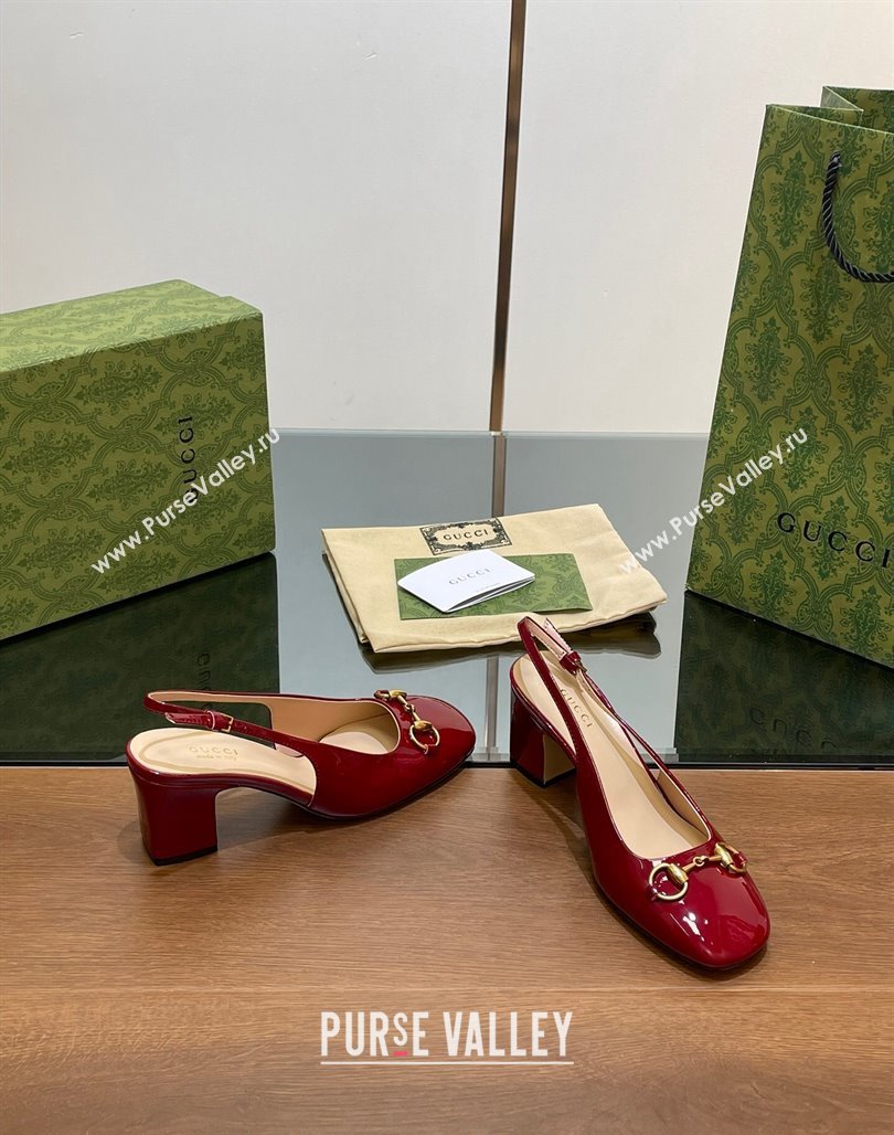 Gucci Horsebit Slingback Pumps 6.5cm in Patent Leather Red 2024 0702 (MD-240702142)