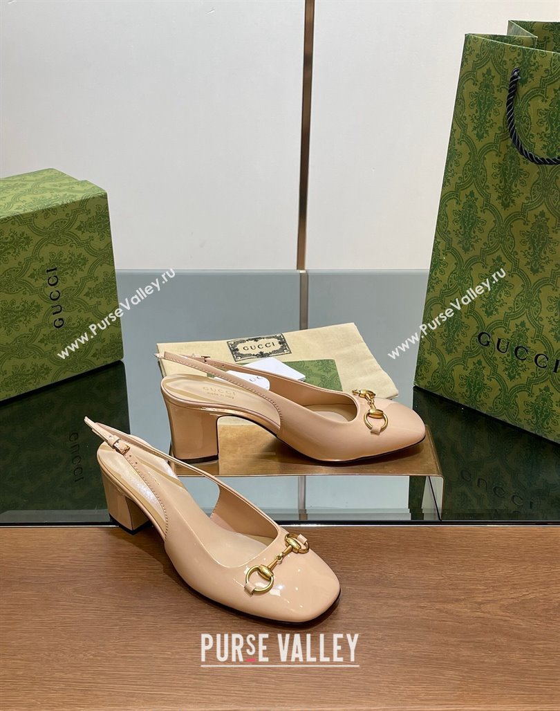 Gucci Horsebit Slingback Pumps 6.5cm in Patent Leather Nude 2024 0702 (MD-240702143)