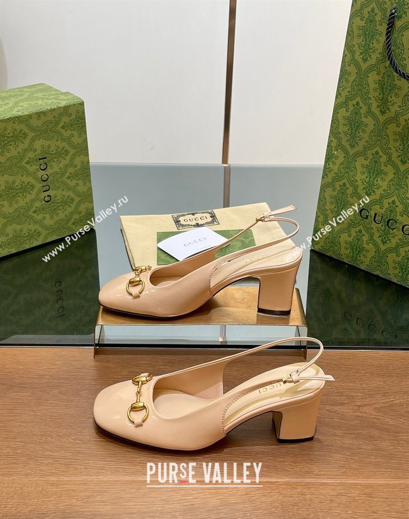 Gucci Horsebit Slingback Pumps 6.5cm in Patent Leather Nude 2024 0702 (MD-240702143)