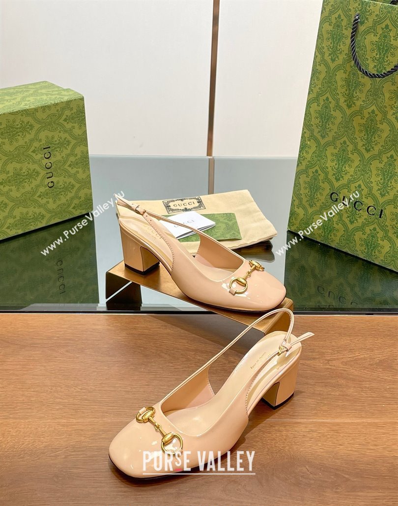 Gucci Horsebit Slingback Pumps 6.5cm in Patent Leather Nude 2024 0702 (MD-240702143)