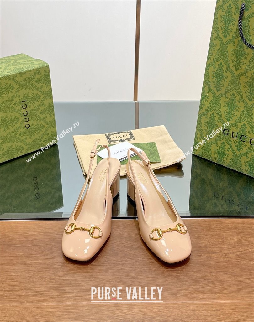 Gucci Horsebit Slingback Pumps 6.5cm in Patent Leather Nude 2024 0702 (MD-240702143)