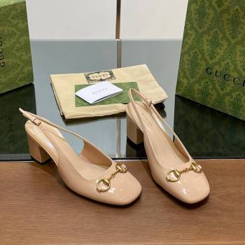 Gucci Horsebit Slingback Pumps 6.5cm in Patent Leather Nude 2024 0702 (MD-240702143)