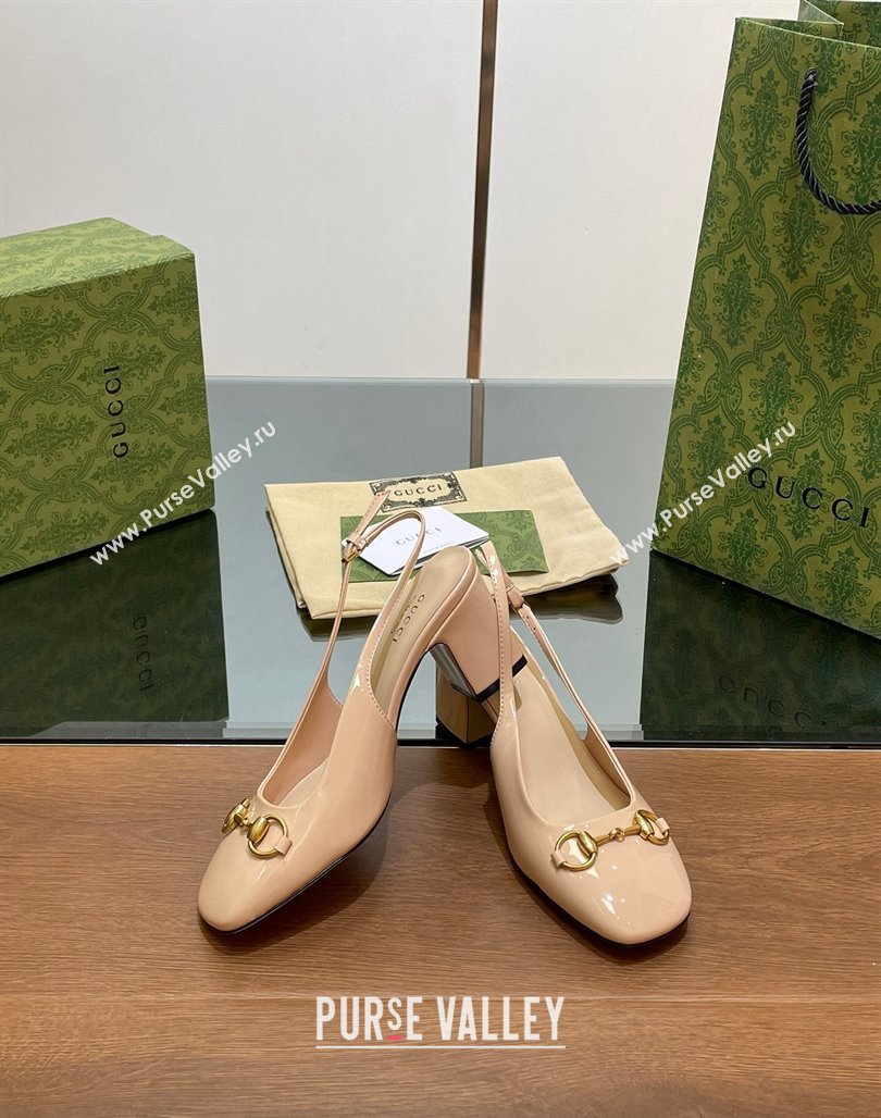 Gucci Horsebit Slingback Pumps 6.5cm in Patent Leather Nude 2024 0702 (MD-240702143)