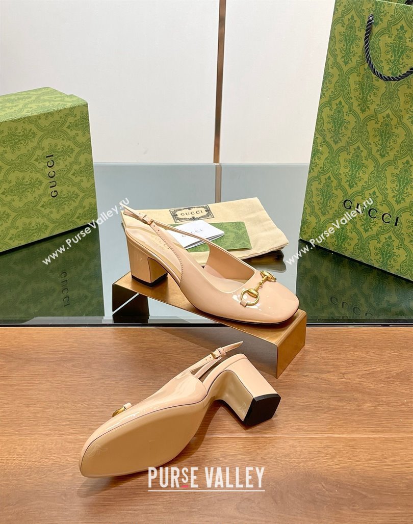 Gucci Horsebit Slingback Pumps 6.5cm in Patent Leather Nude 2024 0702 (MD-240702143)