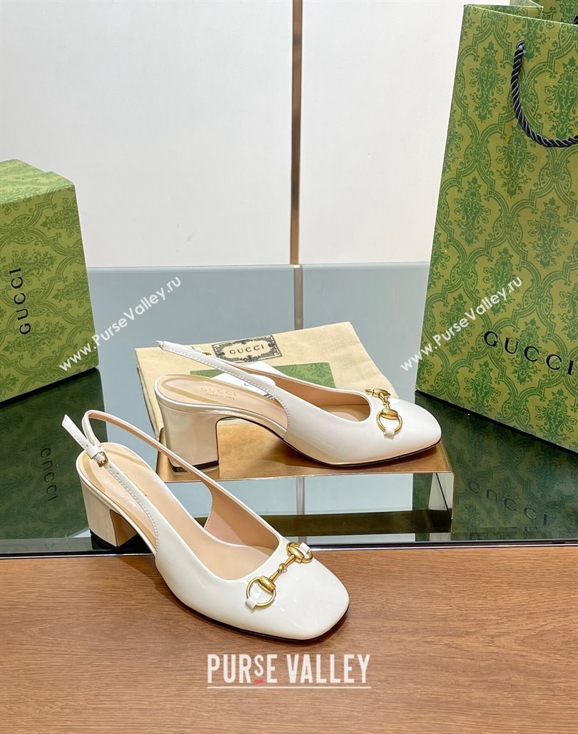 Gucci Horsebit Slingback Pumps 6.5cm in Patent Leather White 2024 0702 (MD-240702144)