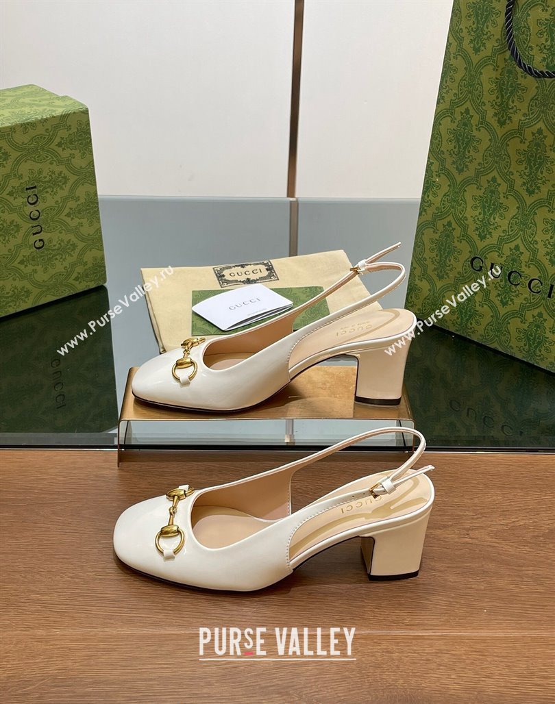 Gucci Horsebit Slingback Pumps 6.5cm in Patent Leather White 2024 0702 (MD-240702144)