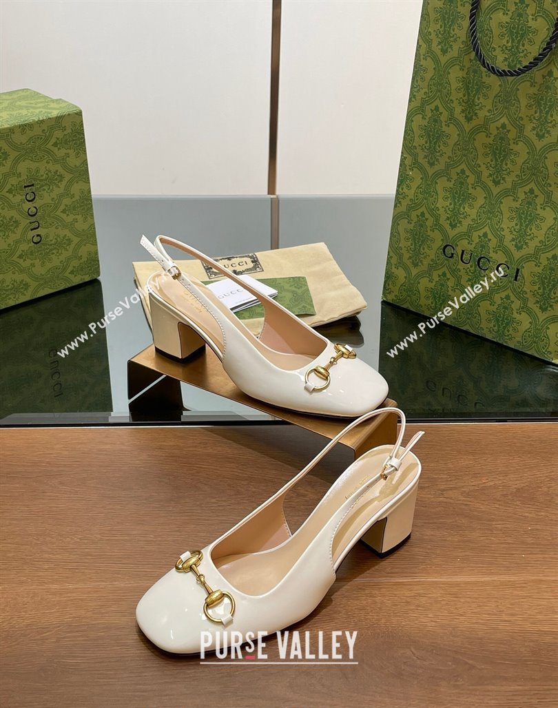 Gucci Horsebit Slingback Pumps 6.5cm in Patent Leather White 2024 0702 (MD-240702144)