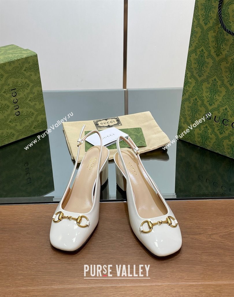 Gucci Horsebit Slingback Pumps 6.5cm in Patent Leather White 2024 0702 (MD-240702144)