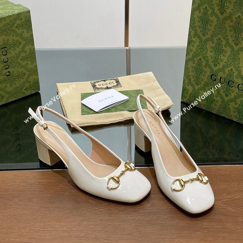 Gucci Horsebit Slingback Pumps 6.5cm in Patent Leather White 2024 0702 (MD-240702144)