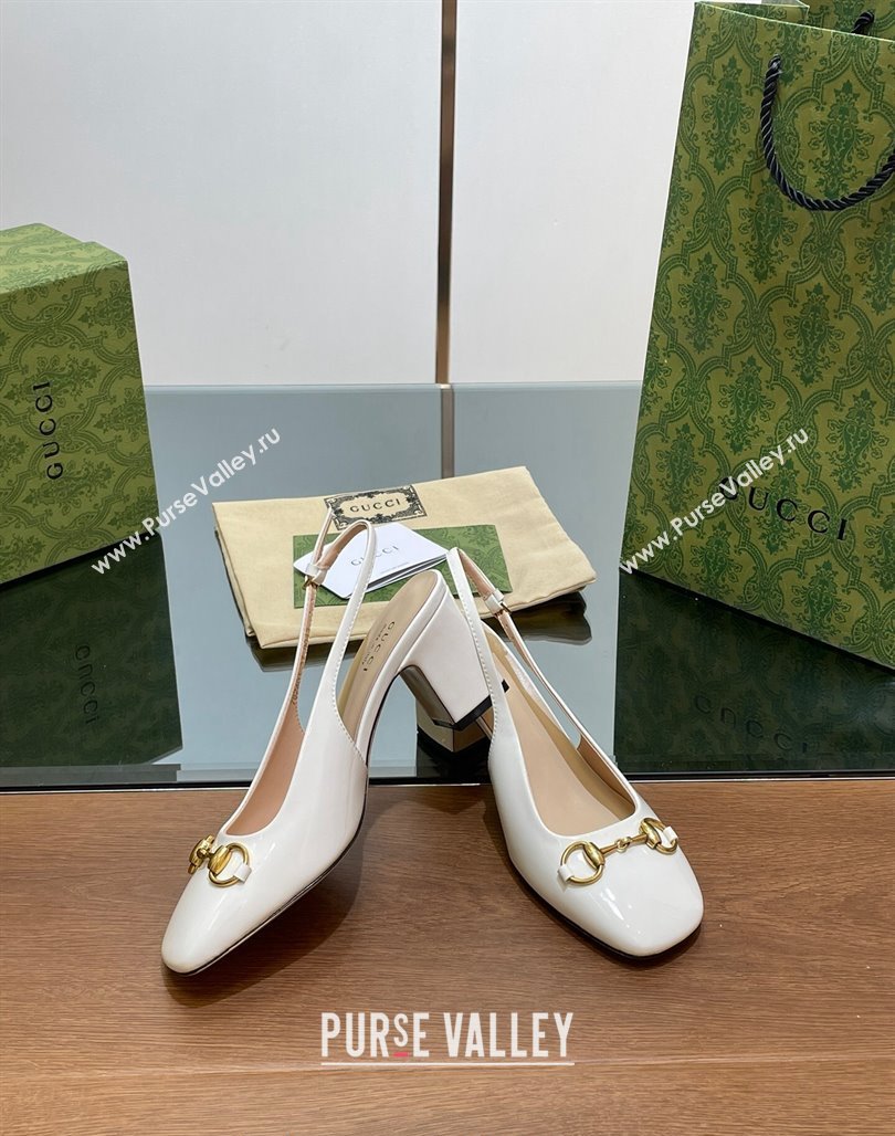 Gucci Horsebit Slingback Pumps 6.5cm in Patent Leather White 2024 0702 (MD-240702144)