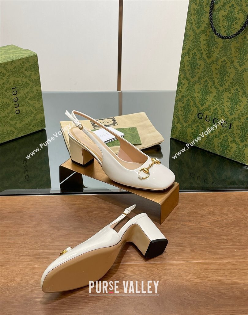 Gucci Horsebit Slingback Pumps 6.5cm in Patent Leather White 2024 0702 (MD-240702144)