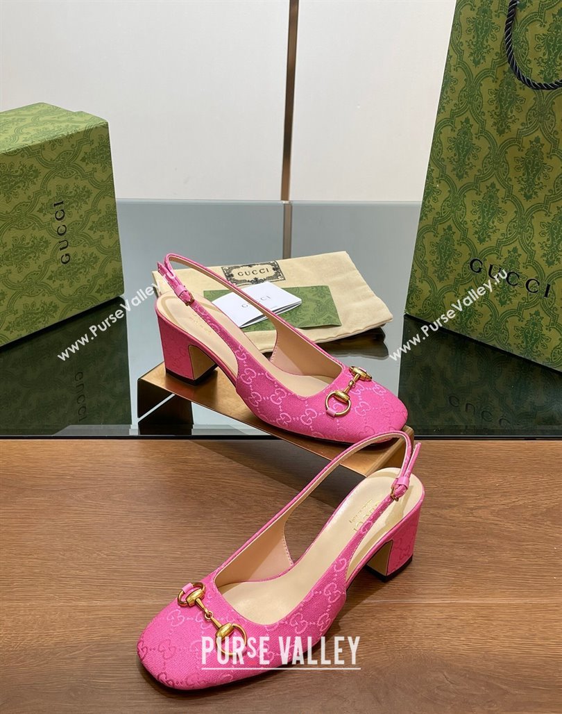 Gucci Horsebit Slingback Pumps 6.5cm in GG Canvas Pink 2024 0702 (MD-240702138)