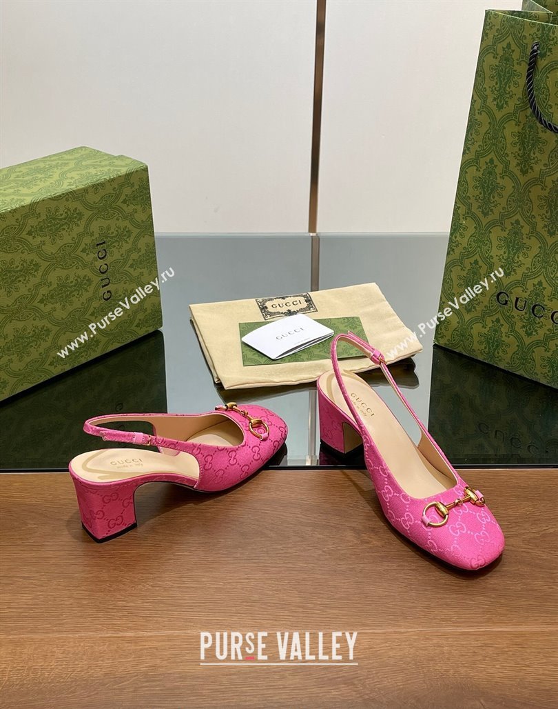 Gucci Horsebit Slingback Pumps 6.5cm in GG Canvas Pink 2024 0702 (MD-240702138)