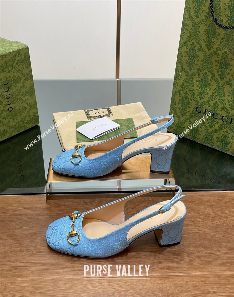 Gucci Horsebit Slingback Pumps 6.5cm in GG Canvas Blue 2024 0702 (MD-240702139)