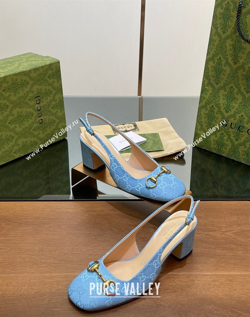 Gucci Horsebit Slingback Pumps 6.5cm in GG Canvas Blue 2024 0702 (MD-240702139)