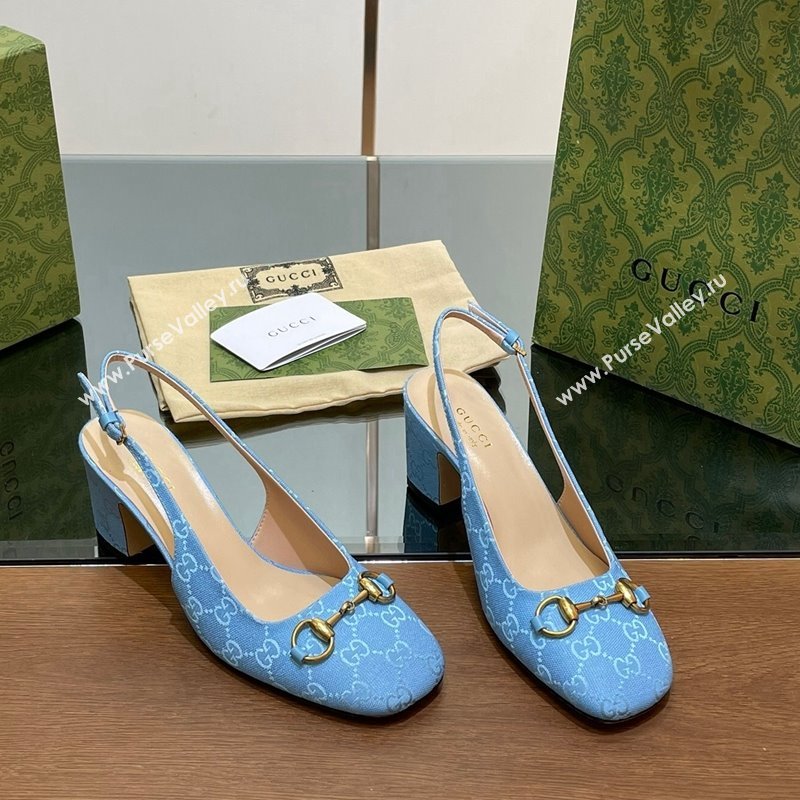 Gucci Horsebit Slingback Pumps 6.5cm in GG Canvas Blue 2024 0702 (MD-240702139)