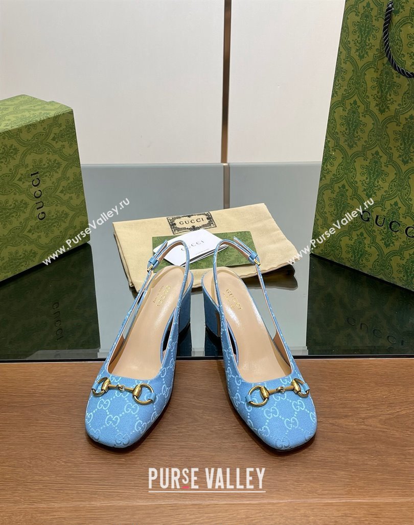 Gucci Horsebit Slingback Pumps 6.5cm in GG Canvas Blue 2024 0702 (MD-240702139)