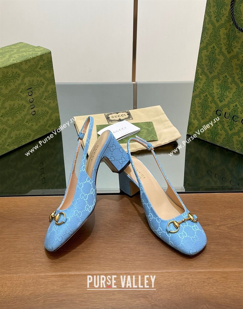 Gucci Horsebit Slingback Pumps 6.5cm in GG Canvas Blue 2024 0702 (MD-240702139)