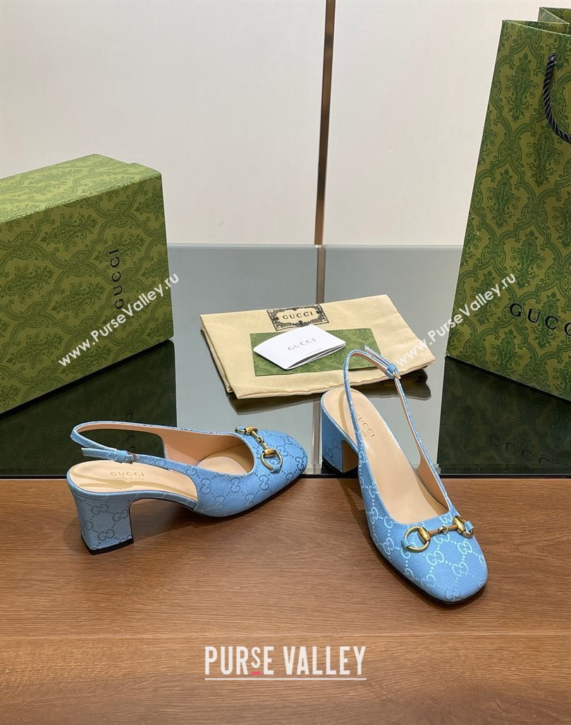 Gucci Horsebit Slingback Pumps 6.5cm in GG Canvas Blue 2024 0702 (MD-240702139)