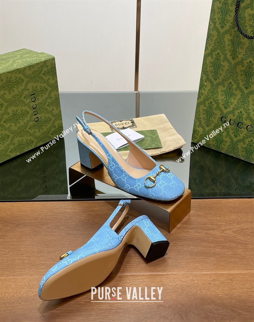 Gucci Horsebit Slingback Pumps 6.5cm in GG Canvas Blue 2024 0702 (MD-240702139)