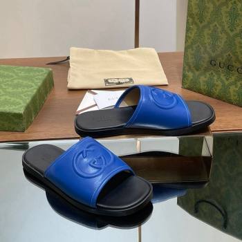 Gucci Mens Leather Interlocking G Flat Slides Sandal Blue 2024 0702 (SS-240702124)