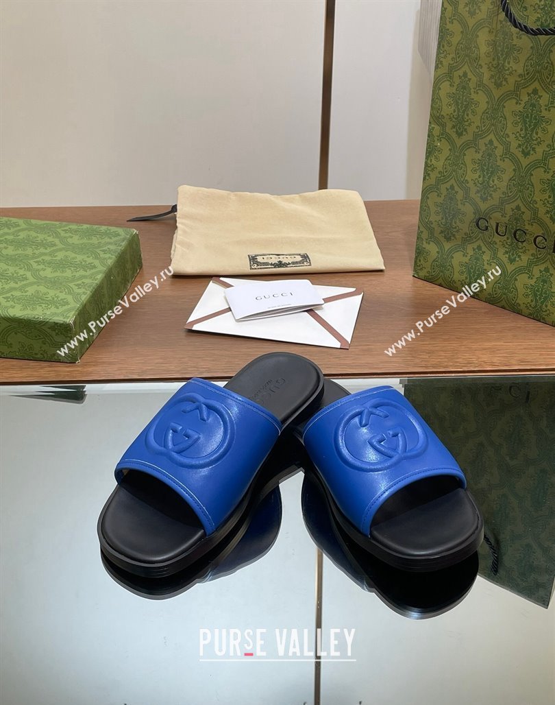 Gucci Mens Leather Interlocking G Flat Slides Sandal Blue 2024 0702 (SS-240702124)