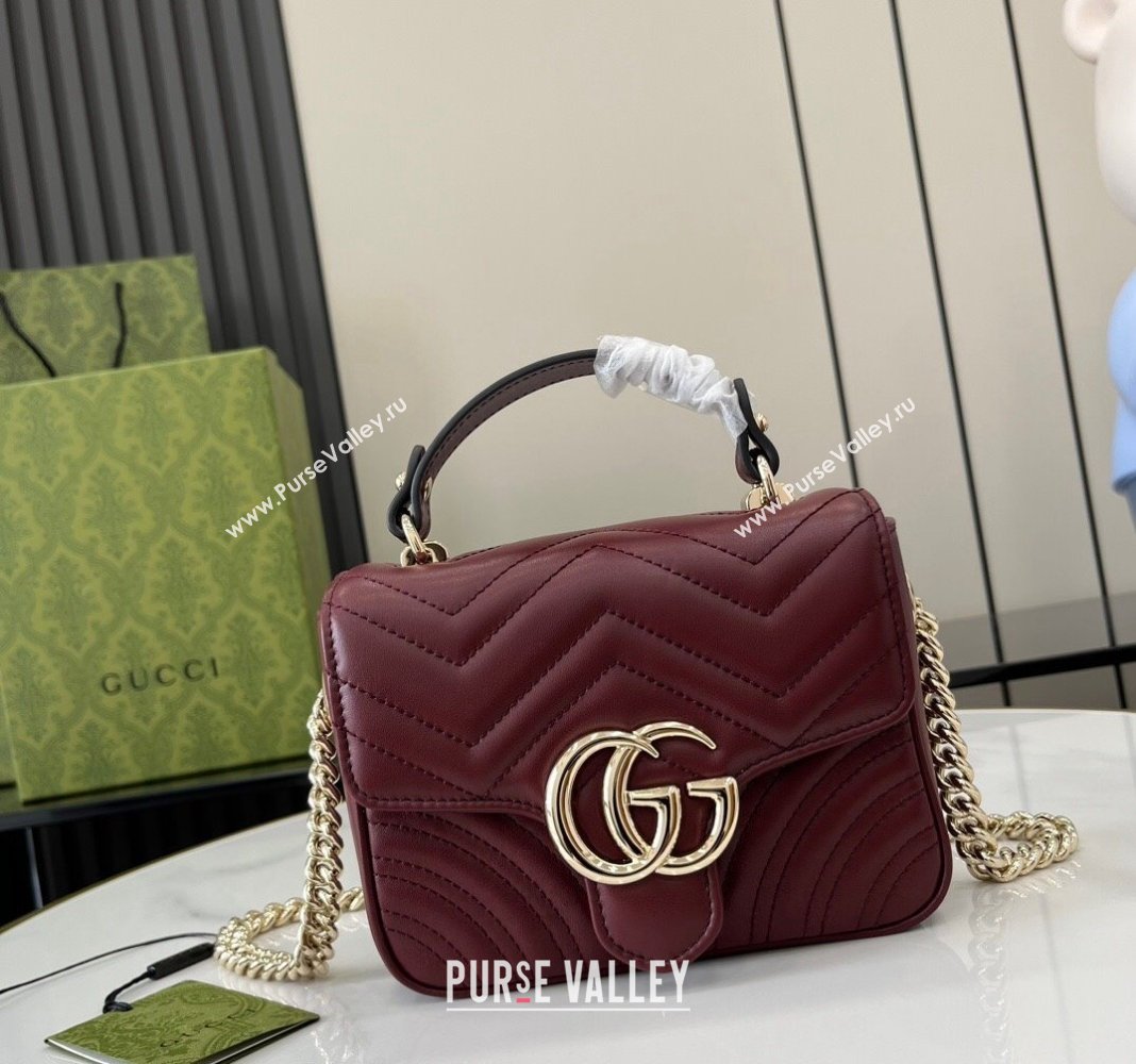 Gucci GG Marmont Leather Mini Top Handle Bag 811238 Dark Burgundy 2024 (XLU-240716045)