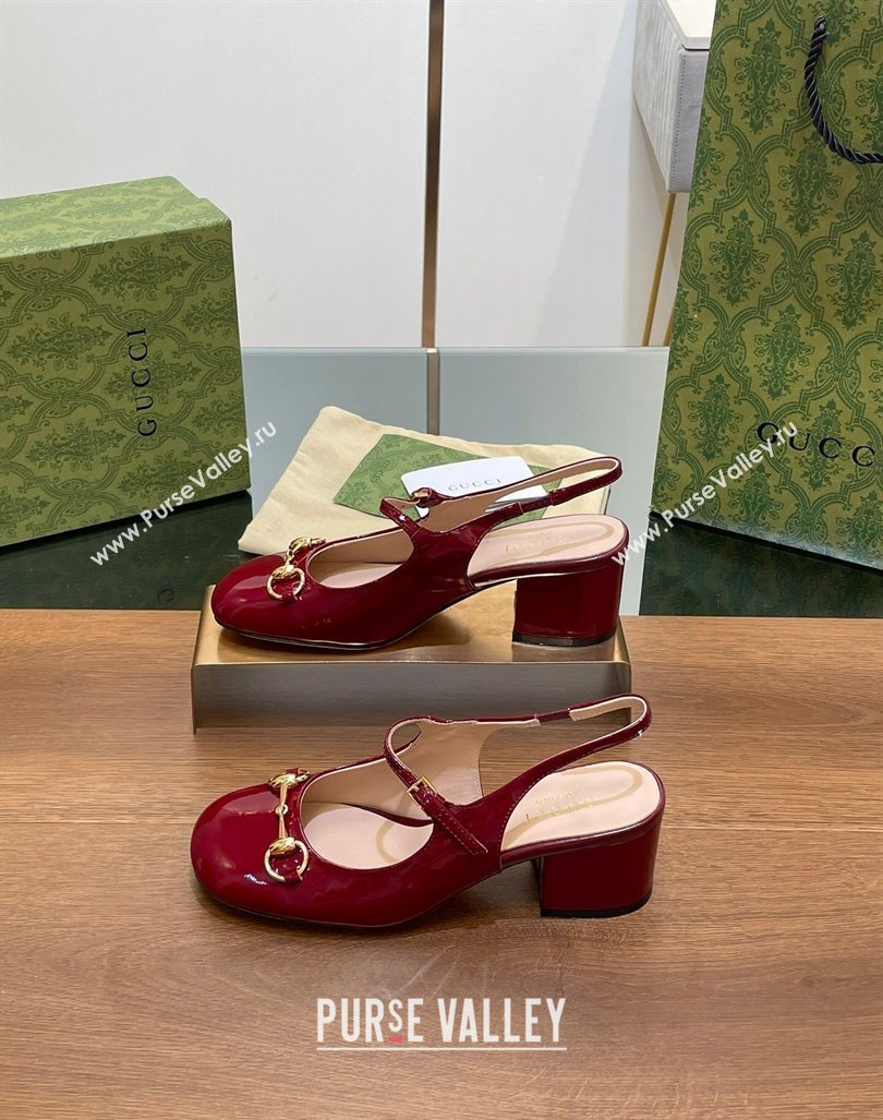 Gucci Horsebit Slingbacks Pumps 5.5cm in Patent Leather Burgundy 2024 0723 (MD-2407230120)