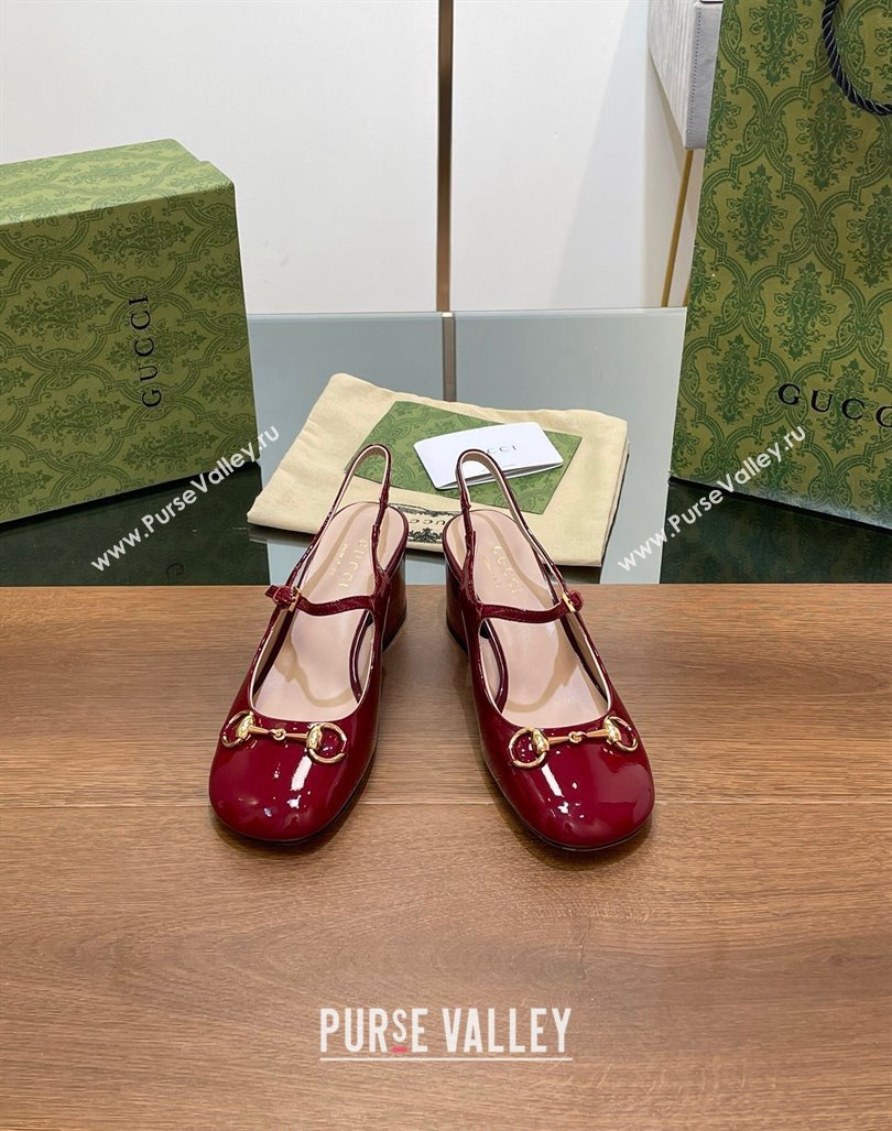 Gucci Horsebit Slingbacks Pumps 5.5cm in Patent Leather Burgundy 2024 0723 (MD-2407230120)