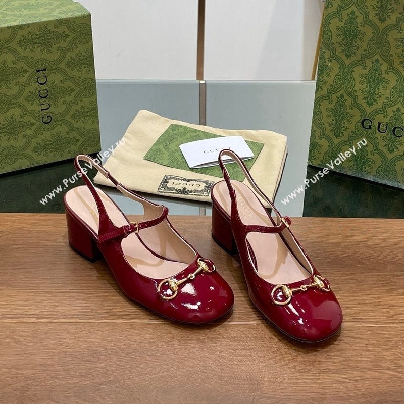 Gucci Horsebit Slingbacks Pumps 5.5cm in Patent Leather Burgundy 2024 0723 (MD-2407230120)