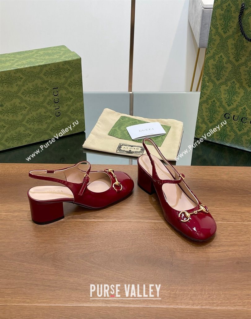 Gucci Horsebit Slingbacks Pumps 5.5cm in Patent Leather Burgundy 2024 0723 (MD-2407230120)