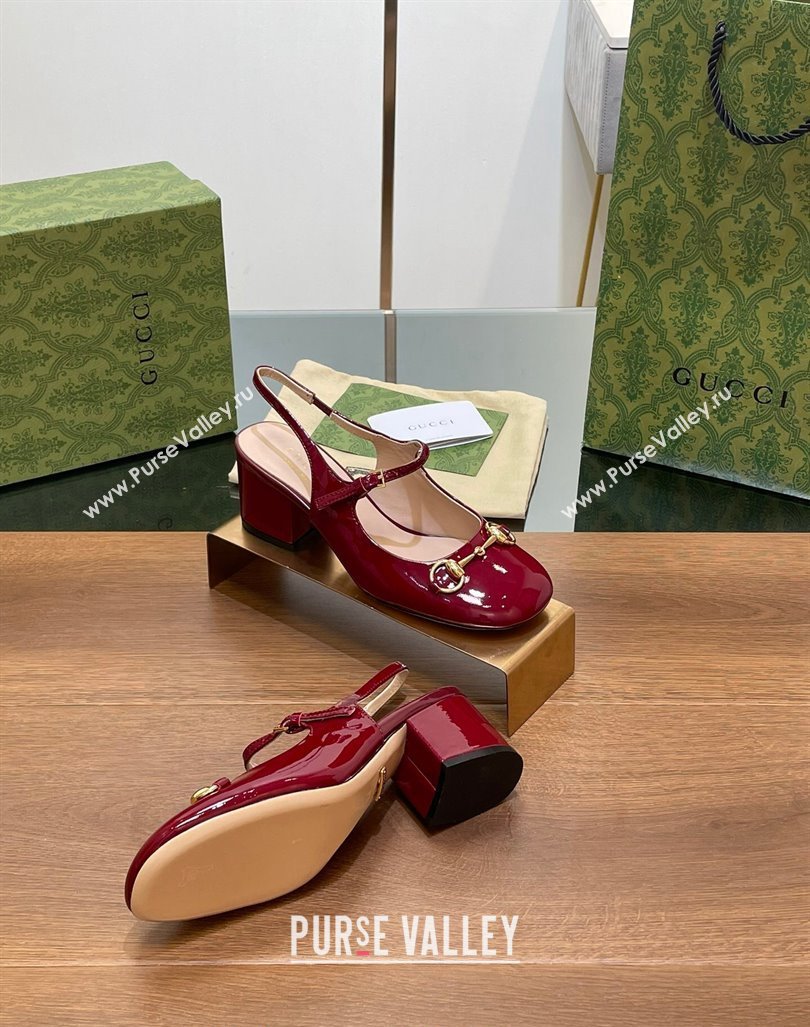 Gucci Horsebit Slingbacks Pumps 5.5cm in Patent Leather Burgundy 2024 0723 (MD-2407230120)