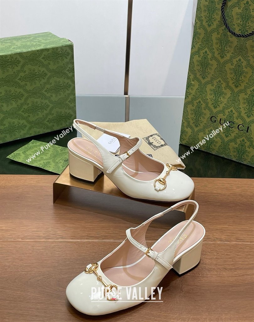 Gucci Horsebit Slingbacks Pumps 5.5cm in Patent Leather White 2024 0723 (MD-2407230122)