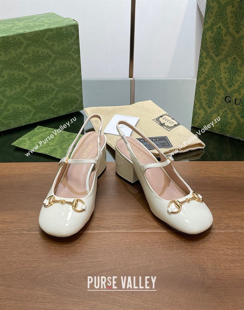 Gucci Horsebit Slingbacks Pumps 5.5cm in Patent Leather White 2024 0723 (MD-2407230122)