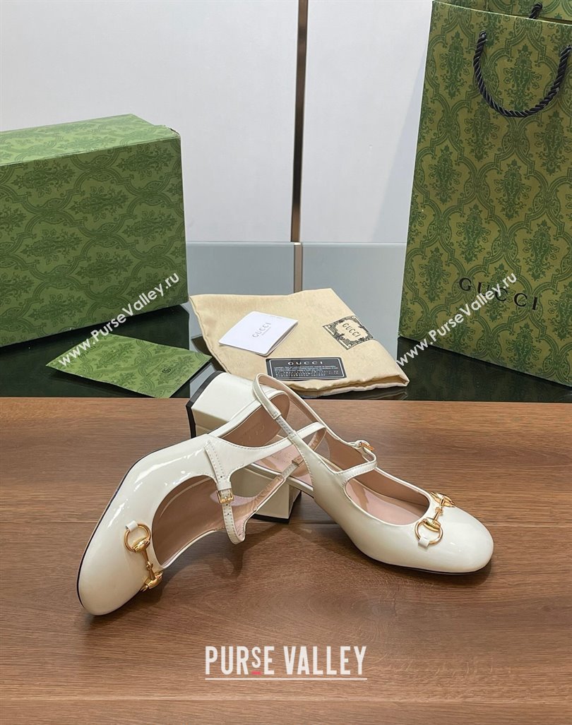 Gucci Horsebit Slingbacks Pumps 5.5cm in Patent Leather White 2024 0723 (MD-2407230122)