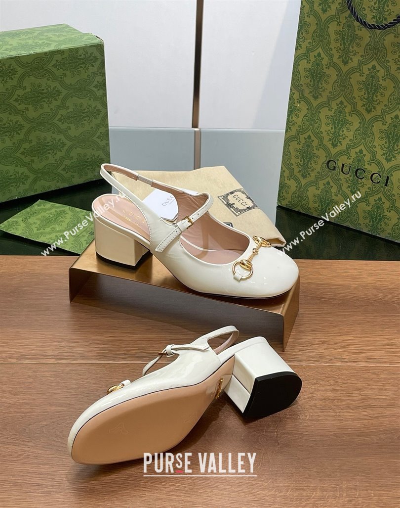 Gucci Horsebit Slingbacks Pumps 5.5cm in Patent Leather White 2024 0723 (MD-2407230122)