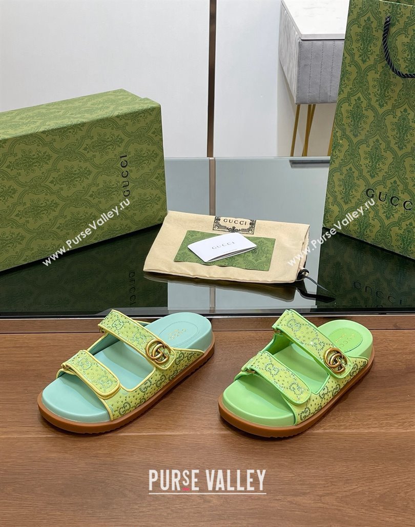 Gucci Strass GG Canvas Flat Slides Sandal with Double G Lemon Green 2024 0723 (MD-2407230123)