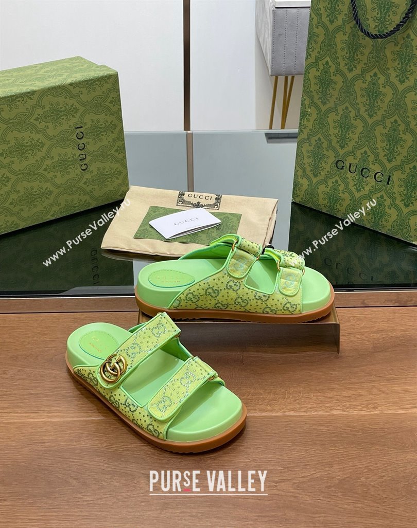 Gucci Strass GG Canvas Flat Slides Sandal with Double G Lemon Green 2024 0723 (MD-2407230123)