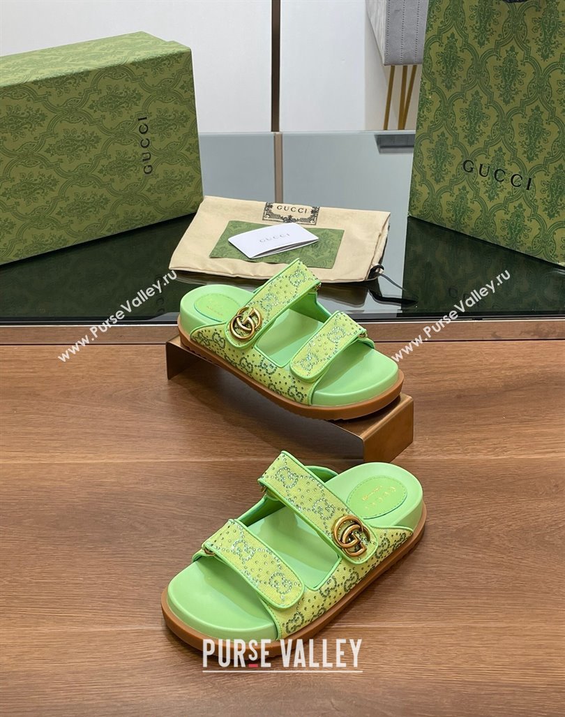 Gucci Strass GG Canvas Flat Slides Sandal with Double G Lemon Green 2024 0723 (MD-2407230123)