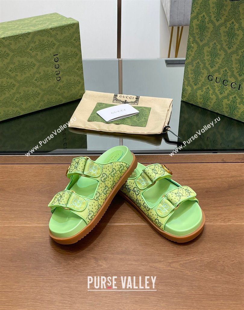 Gucci Strass GG Canvas Flat Slides Sandal with Double G Lemon Green 2024 0723 (MD-2407230123)