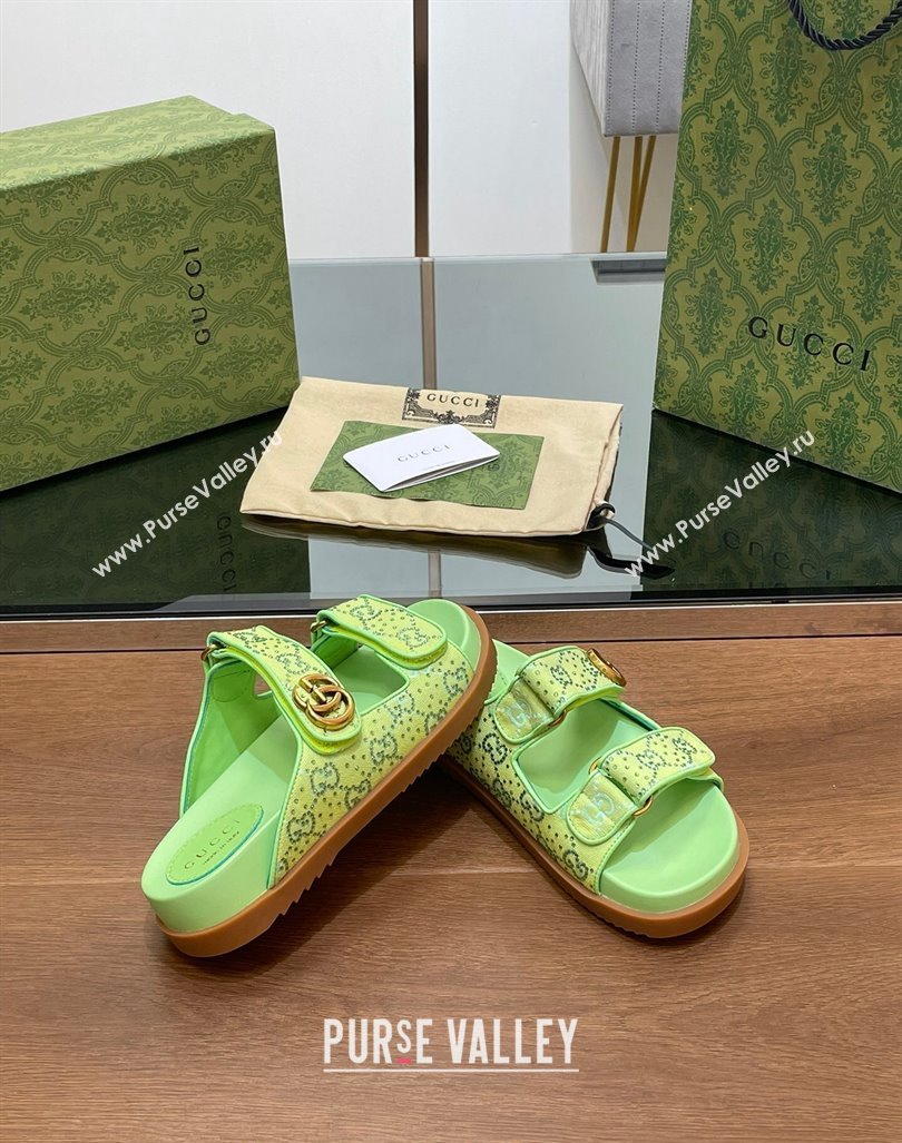 Gucci Strass GG Canvas Flat Slides Sandal with Double G Lemon Green 2024 0723 (MD-2407230123)