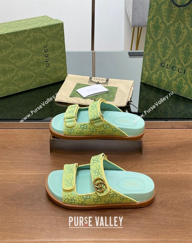 Gucci Strass GG Canvas Flat Slides Sandal with Double G Light Green 2024 0723 (MD-2407230124)