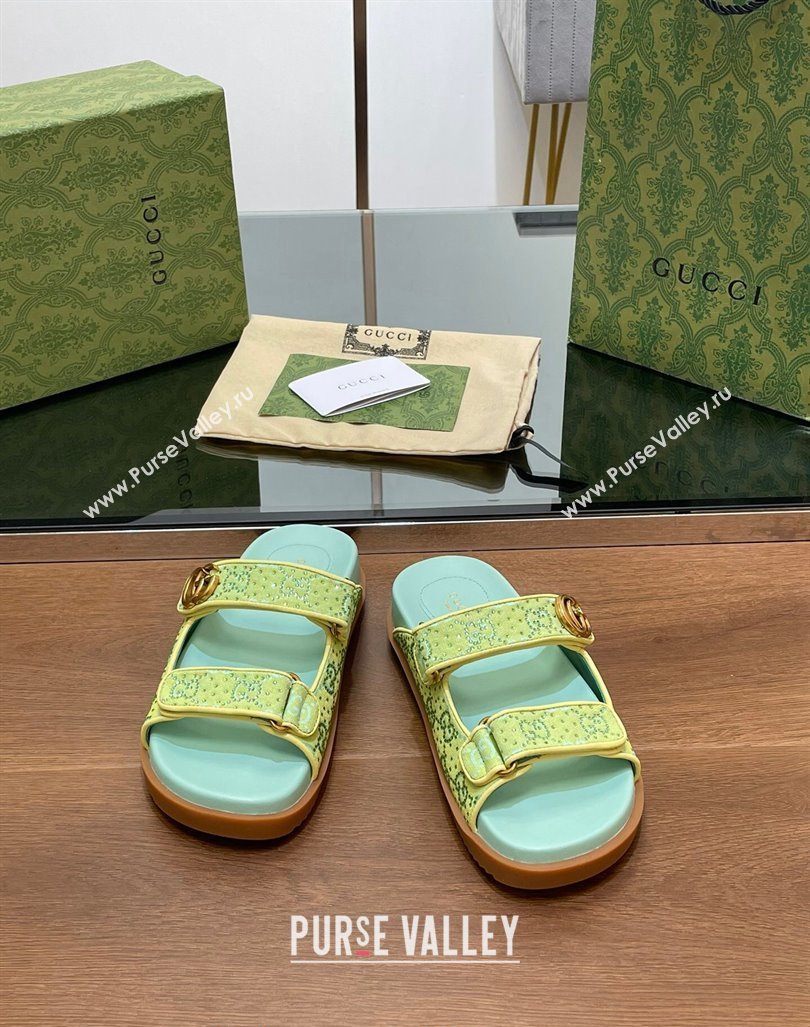 Gucci Strass GG Canvas Flat Slides Sandal with Double G Light Green 2024 0723 (MD-2407230124)