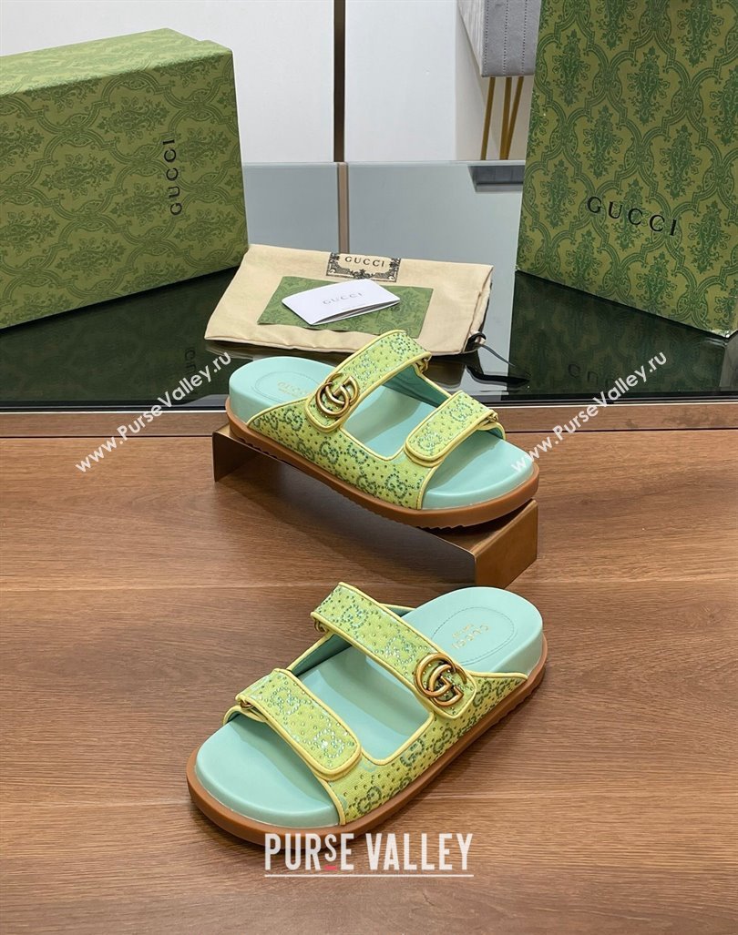 Gucci Strass GG Canvas Flat Slides Sandal with Double G Light Green 2024 0723 (MD-2407230124)