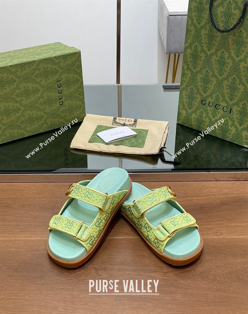 Gucci Strass GG Canvas Flat Slides Sandal with Double G Light Green 2024 0723 (MD-2407230124)