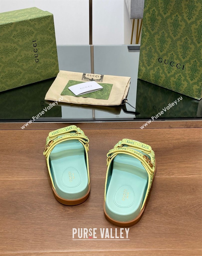 Gucci Strass GG Canvas Flat Slides Sandal with Double G Light Green 2024 0723 (MD-2407230124)