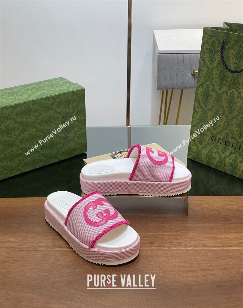 Gucci Canvas Platform Slides Sandal 5.5cm with Fringe Light Pink 2024 0723 (MD-2407230126)