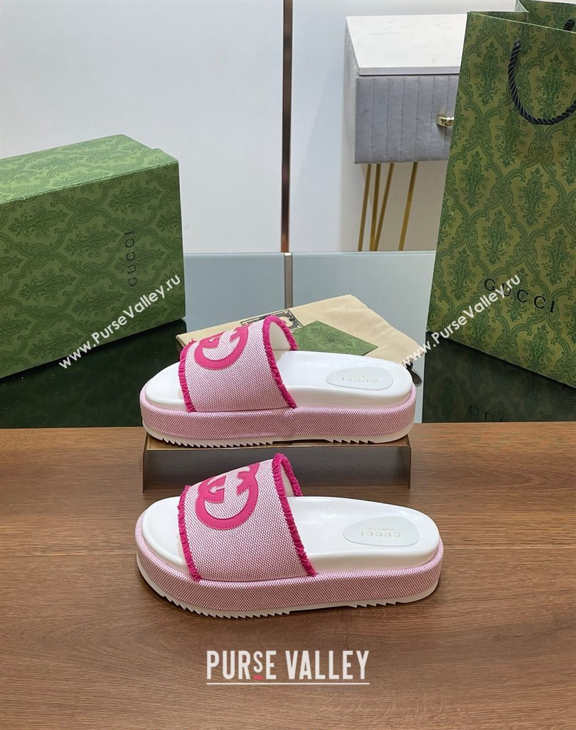 Gucci Canvas Platform Slides Sandal 5.5cm with Fringe Light Pink 2024 0723 (MD-2407230126)