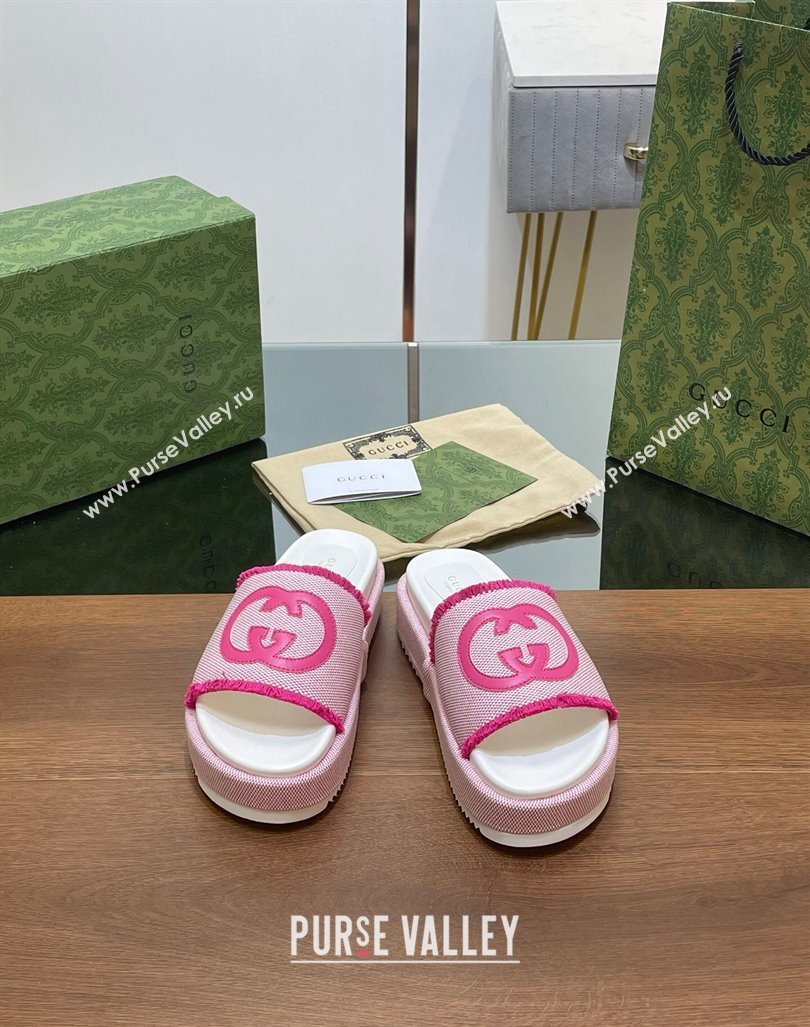 Gucci Canvas Platform Slides Sandal 5.5cm with Fringe Light Pink 2024 0723 (MD-2407230126)