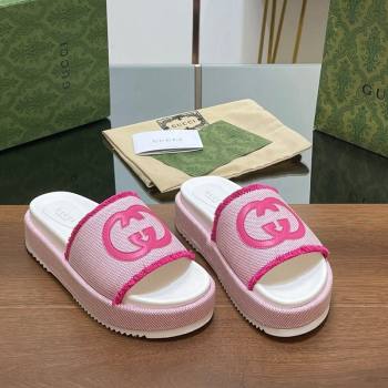 Gucci Canvas Platform Slides Sandal 5.5cm with Fringe Light Pink 2024 0723 (MD-2407230126)